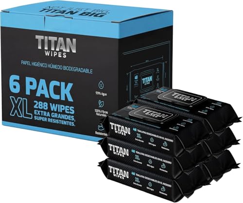 TITAN WIPES Papel Higiénico Húmedo Biodegradable EXTRA Grande y Resistente – 6pack 288 Toallitas Humedas XL 18×18 cm, 99% Agua, Aloe & Vitamina E, 0% Alcohol, Resistentes y Desechables por el WC
