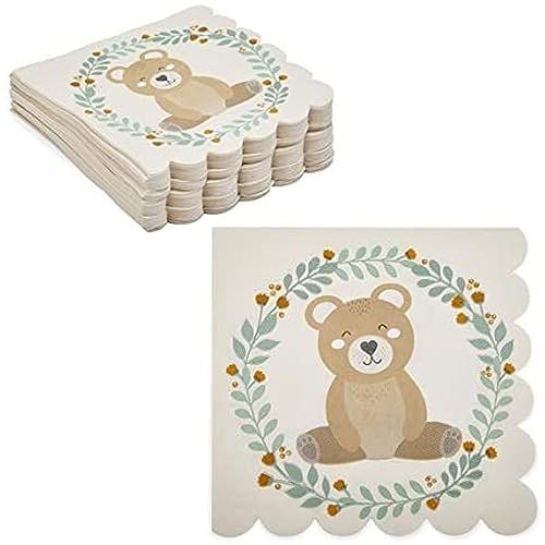 Sparkle and Bash 100-Pack Teddy Bear Paper Napkins for Boy Baby Shower Decorations and Bear Gender Reveal - Scalloped Edge Napkins (6.5 Inches)