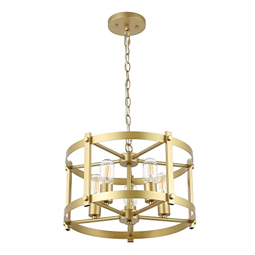 Wingbo 5-Light Farmhouse Round Chandelier, Industrial Hanging Pendant Light With Metal Drum Shade, Height Adjustable For Flat And Slop Ceiling, Kitchen Island, Dining Room, Living Room, Gold #TOP7