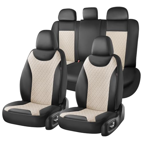 Image of Coverado Front and Back Seat Covers, 5-Pack Universal Seat Covers for Cars, Leather & Fabric Splicing Design Car Seat Protectors, Waterproof Seat Cushions Universal for Most Vehicles, Black & Beige
