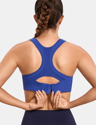 Image of SYROKAN Women's Sports Bra Front Adjustable High Impact Support Padded Wireless Racerback Plus Size Running Bra Waves Blue 34E
