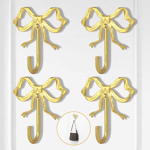 XHIPY 4 PCS Large Size Gold Bow Wall Hook, Gold Coat Hook, Metal Hooks, Bow Room Decor Hooks for Coats, Coffee Mugs, Hats, Bags, Bath Towels and Room Decorations