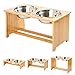 FOREYY Raised Pet Bowls for Medium and Large Dogs - Bamboo Elevated Dog Cat Food and Water Bowls Stand Feeder with 2 Stainless Steel Bowls and Anti Slip Feet (New 10'' Tall)