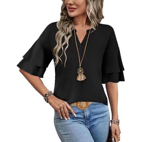 LOMON Womens Tops Ruffle Short Sleeve Blouses Fashion V Neck T Shirts Dressy Casual 3/4 Bell Sleeve Tee Spring Summer Clothes