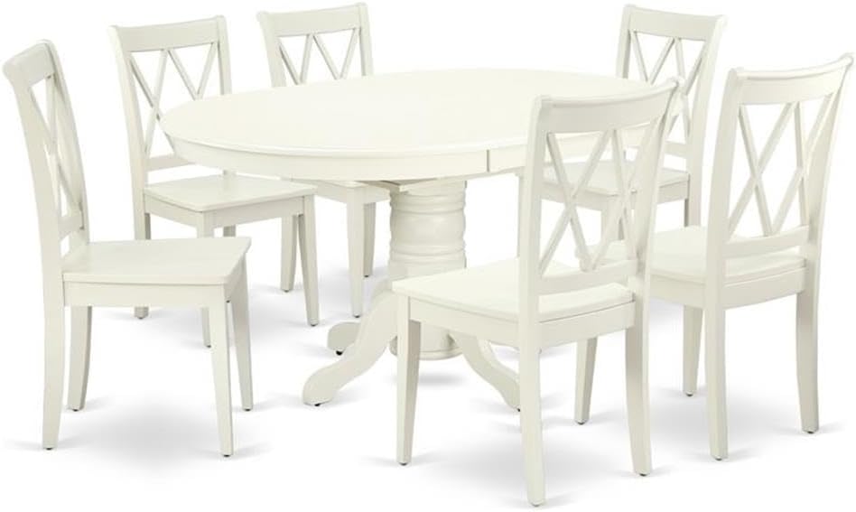 Pemberly Row Dining Set for Kitchen and Dining Room for 6 People, Extendable Round Table with Wood Chairs for Small Space, Farmhouse Transformer Oval Dinner Table in Rustic White