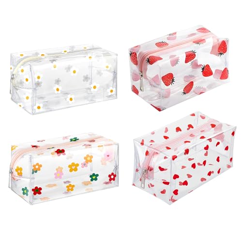 4 Pcs Clear Makeup Bags, Clear Pencil Cases Large Cosmetic Bags, Cute Flower Heart Strawberry Pattern Pencil Case Clear Pencil Pouch, Travel Makeup Large Capacity Stationery Storage Bag for Women Girl