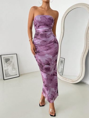 Image of LIGHT DOT Women's Summer Dress Printed Strapless Tube Bodycon Maxi Side Slit Mesh Layered