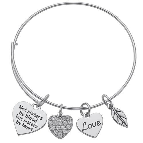 Infinity Collection Best Friends Bracelet, Not Sisters by Blood but Sisters by Heart, Adjustable Expandable Bangle, Heart and Leaf Charms, Friend Jewelry Gift
