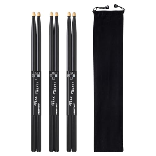 lyumengg Drum Sticks, 5A Drumsticks Black Hickory Wood Drumsticks With Storage Bag, 3 Pairs