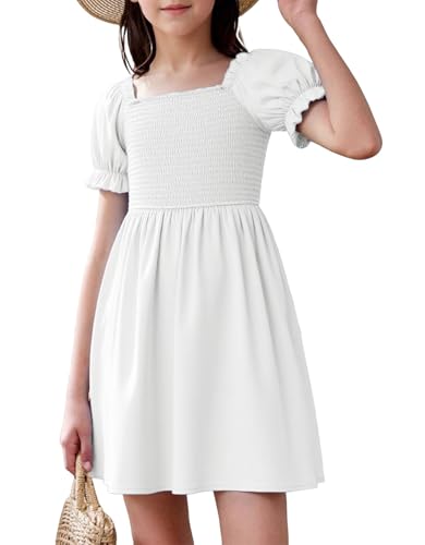 JiAmy Girls Dresses Summer Short Sleeve Ruffled Puff Sleeves Square Neck Smocked Casual Dress White 9-10 Years