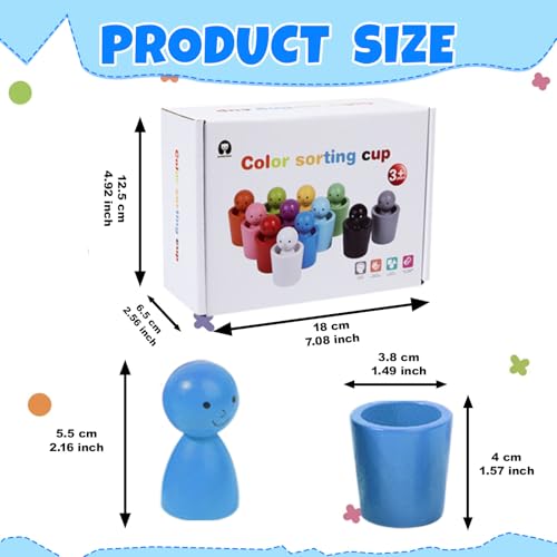 Image of 12PCS Color Sorting Dolls with Wooden Bowls - Matching Games for Toddlers Kids Boys Ages 3-6 - Sensory Training, Math Learning & Montessori STEM Activities