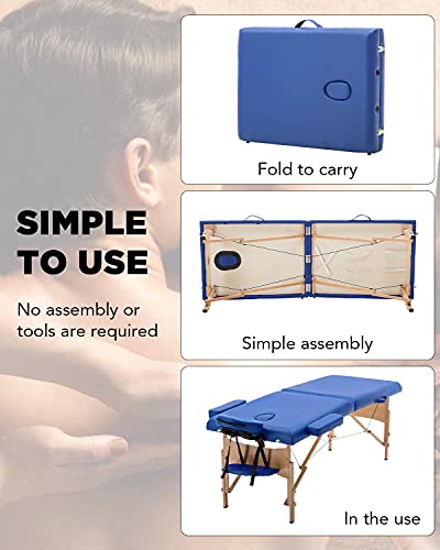 Portable Massage Table with Carrying Case Portable Massage Table Spa Bed Height Adjustable 73 Inches Long 28 Inches Wide 2 Folding Massage Bed(Blue)