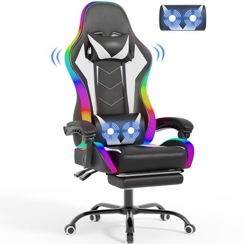Devoko LED Gaming PC Chair with Footrest and Lumbar Support, Ergonomic Computer Massage Gaming Chair, Video Game Chairs for Adults, High Back Racing Chair, Maximum capacity 180kg (Black & White)