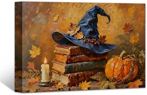 Halloween Canvas Wall Art Decor,Vintage Spooky Pumpkin Witch Hat Poster Painting Prints,Halloween Pictures Wall Decorations for Bedroom,Living Room,Bathroom (Style 4, Framed 12'' X 8'')