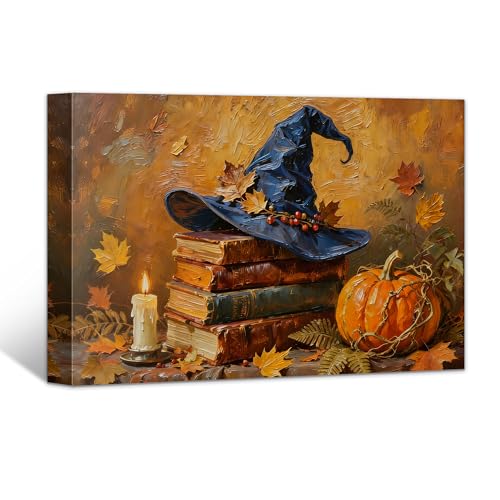 Halloween Canvas Wall Art Decor,Vintage Spooky Pumpkin Witch Hat Poster Painting Prints,Halloween Pictures Wall Decorations for Bedroom,Living Room,Bathroom (Style 4, Framed 12'' X 8'')