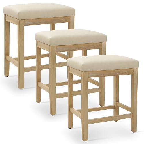 Image of RNKSFX Counter Height Bar Stools Set of 3 for Kitchen Counter Farmhouse Modern Backless Barstools with Faux Leather Upholstered Seat and Solid Wood Legs 24 inch Bar Chairs, Khaki + Wood Color