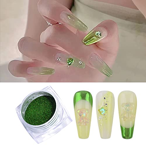 Image of Green Chrome Nail Powder, 2 Jars Nail Art Magic Mirror Powder Chrome Pigment Powder Green Apple Raisins Chrome Nail Powder Manicure Tips with Sponge Applicators