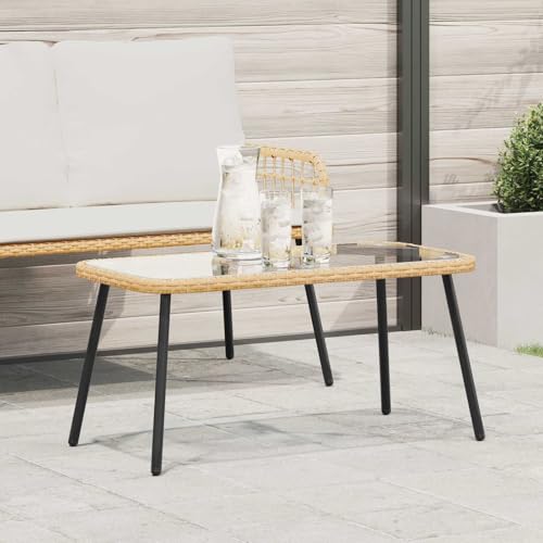 KNERPWD Contemporary Poly Rattan Coffee Table with Glass Surface, Brown and Black, 90 x 45 x 43 cm for Outdoor Garden Spaces - Image 2