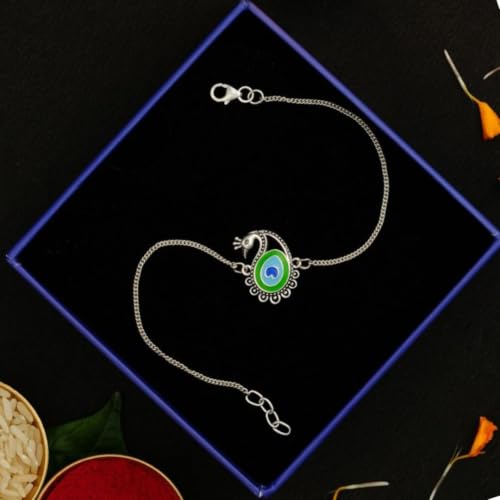 Image of Meenakari Heriatge Jewellery 925 Sterling Silver Morpankh (Peacock feather) Radha Krishna Rakhi Set For Men /Boys /women /Unisex With Roli Chawal, Rakshabandhan greeting Card and Authenticity certificate