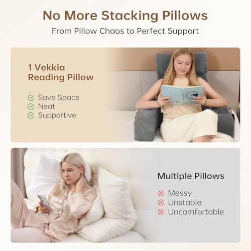 Vekkia Reading Pillow,Back Pillow for Bed Sitting Up Adult,Backrest Support Pillow with Build-in Arms & XL Pockets,Rest Chair for Reading,Gaming,Relaxing,Working or Watching TV in Bed/Floor-19\'\' Grey