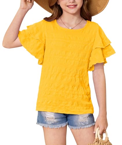 Image of Girls Summer Crewneck Tee Shirts Double Ruffle Short Sleeve Stretch Textured Fabric Casual Blouse 5-14 Years