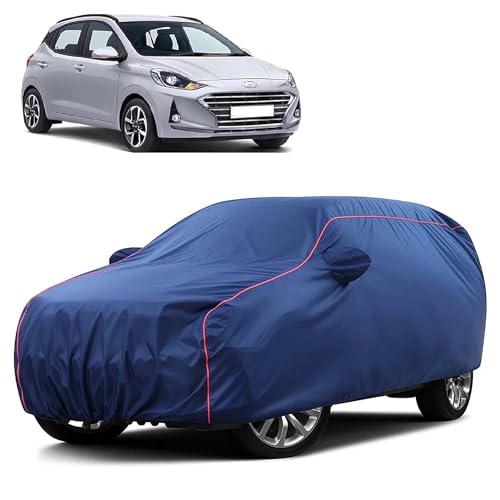 Image of Sulfar 100% Water Resistant Car Body Cover Compatible with Mirror for Hyundai Grand i10 Nios (Triple Stitched, Full Bottom Elastic, Blue Taffeta with Red Piping)