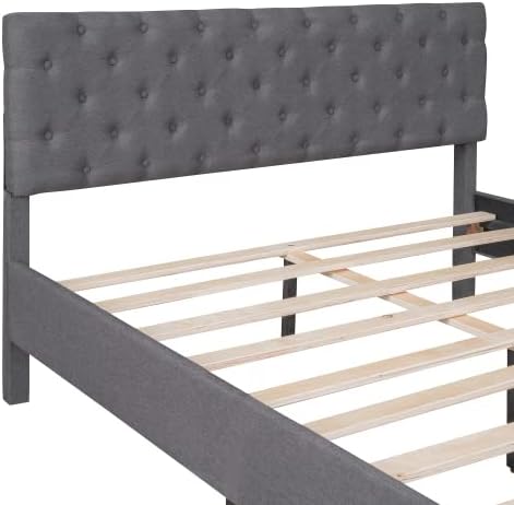 Miniatura 11 de Marco de cama de plataforma de tamaño individual, marco de cama tapizado de lino de diseño moderno con cabecera copetuda, cama de almacenamiento,