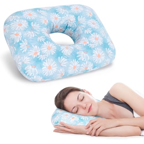 Ear Piercing Pillow for Side Sleeper with Hole for Relief Ears Pain CNH Piercing Pain Sleeping Pressure Sore, Comfortable Support Ear Guard Pillow to a Restful Sleep, Blue and White Daisy