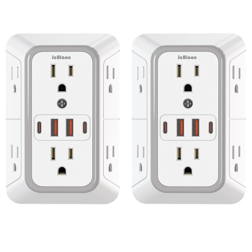 2 Pack Wall Charger, Surge Protector 6 Outlet Extender Multi Plug Wall Outlets with 4 USB Charging Ports (2 USB C Outlet) 3 Sided 1050J Power Strip Wall Adapter Spaced for Home Travel Office