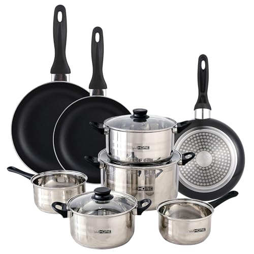 Well Home Set de Batería de cocina de 8pc en acero inoxidable + 3 Sartenes Ø16Ø20Ø24cm Negro en...