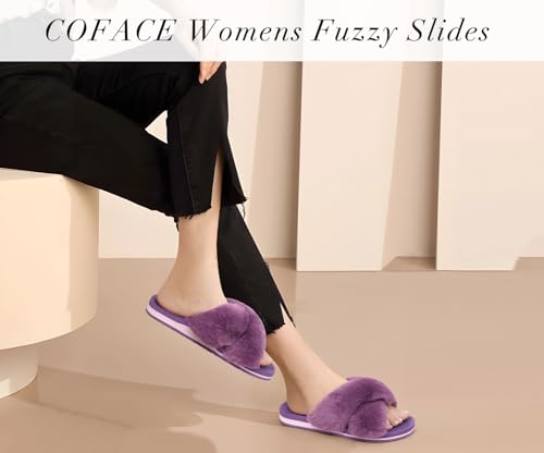 Image of COFACE Womens Fuzzy Slides Fluff Faux Fur Cross Slippers Open Toe Yoga Mat House Slipper Sandals With Arch Support For Indoor /Outdoor