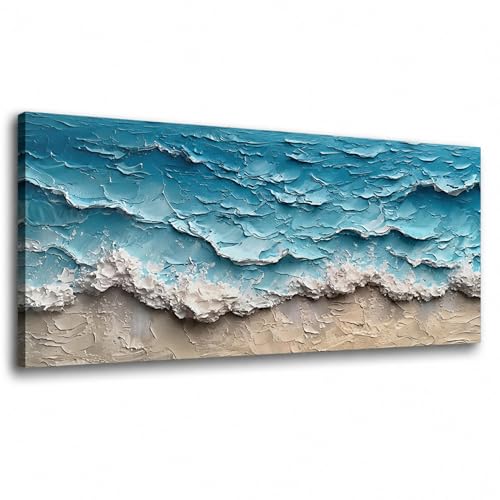 Lupia - Quadro moderno Canvas World ONDE 52x122 cm, Stampa su Tela effetto Pennellate tridimensionale, Telaio in Legno, per soggiorno capezzale camera da letto ufficio onde del mare spiaggia