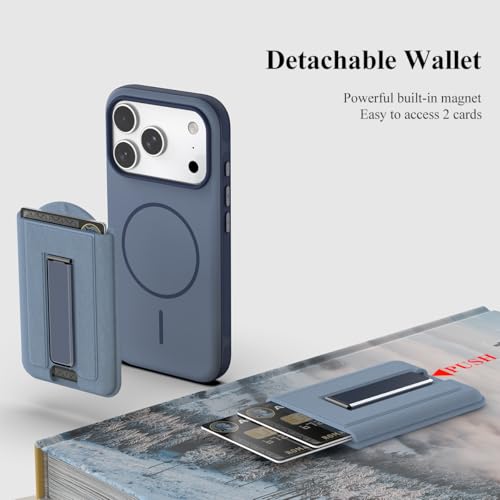 Image of Nvollnoe for iPhone 17 Pro Case with Card Holder & Screen Protector, Compatible with Magsafe, Built-in Kickstand, Detachable Magnetic Wallet Case for iPhone 17 Pro(Blue)