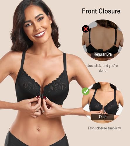 Image of HACI Women's Front Closure Bra Underwire Unpadded T-Back Plus Size Lacy Full Coverage Racerback T-Shirt Unlined