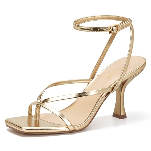 Image of Carcuume Womens Kitten Heels Square Toe Thong Strappy Ankle Strap Stiletto Heel Sandals