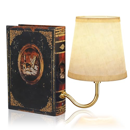 FUNTAPHANTA Gold Warm Light Vintage Bookshelf Lamp Rechargeable, Cordless Bookcase Lamp with Linen Shade, Dimmable Touch Control Table Lamp, Modern Decorative Bookend, Bookshelf Lights for Office Home
