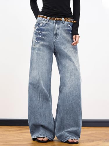 Image of EMMIOL Women Hip Hop 90s Vintage Baggy Jeans Denim Pants Mid Waist Jeans