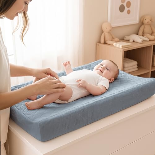Konssy Waterproof Muslin Changing Pad Cover 2 Pack, Quilted Cotton Fitted Diaper Changing Table Cover, Soft Changing Pad Sheets for Girls Boys (Star,Blue) - Thumbnail 4