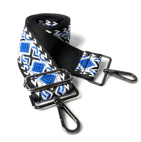 Image of Black Blue Boho Diamond Purse Strap with Gunmetal Black Hardware 2 Inch Wide Replacement Crossbody Guitar Style Shoulder Strap for Handbags Totes