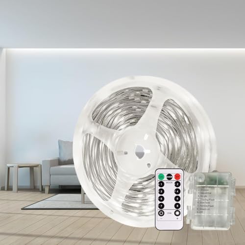 Gaoxun Battery LED Strip Lights 3m, 90 LEDs Battery Powered Lights Strip with Remote Control, Dimmable, 8 Modes, Timer, Self-Adhesive, Cuttable, Waterproof for Mirror Kitchen Decor (Cool White 6000K)