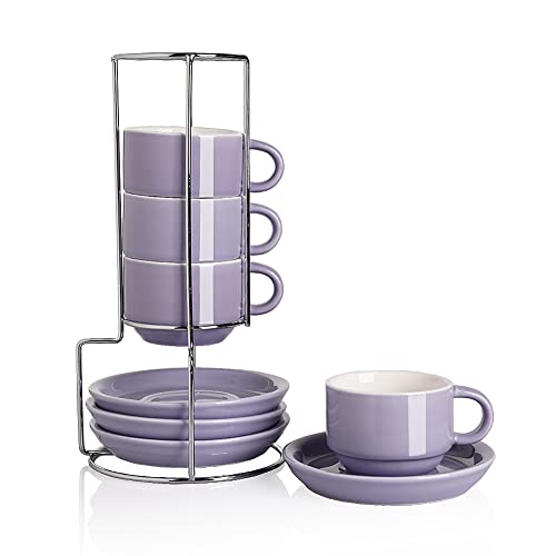 Sweejar Porcelain Espresso Cups With Saucers, 4 Ounce Stackable Cappuccino Cups With Metal Stand For Coffee Drinks, Latte, Tea - Set Of 4 (Purple) #TOP11