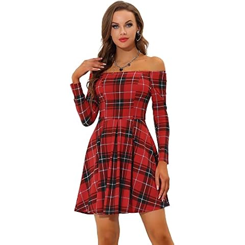 Allegra K Minivestido de Fiesta de Manga Larga Plisado a Cuadros de tartán con Hombros Descubiertos Rojo L Cover