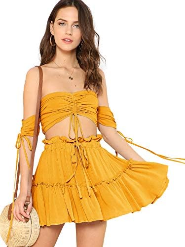 Floerns Women's Two Piece Outfit Off Shoulder Drawstring Crop Top and Skirt Set Yellow S