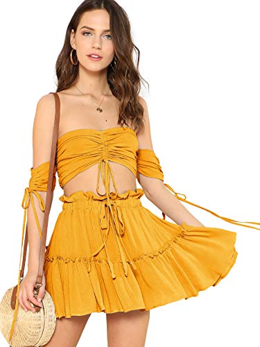 Floerns Women's Two Piece Outfit Off Shoulder Drawstring Crop Top And Skirt Set Yellow S #TOP11