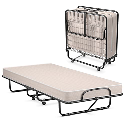 Giantex Folding Bed with Mattress, Rollaway Guest Bed Twin Size Portable Bed for Adults, Foldable Bed with Memory Foam Mattress, Sturdy Metal Frame, Easy to Store, Sleeper Bed 440LBS, 75''x38'', Beige