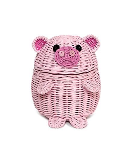 Image of G6 COLLECTION Pig Rattan Storage Basket With Lid Decorative Bin Home Decor Hand Woven Shelf Organizer Cute Handmade Handcrafted Gift Art Decoration Artwork Wicker Pink Piggy (Small)