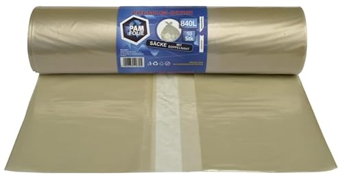Pam-Folie Transparent, 840L/40Μm Rubbish Bags 840L - Pack Of 10 - Large Rubble Waste Bags, Premium - 130 X 170 Cm - 40 Μm - Transparent Bin Bags - Building Rubble Bags - Robust Bags For Polystyrene Industry