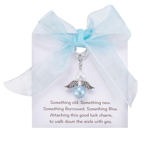 Image of MIXJOY Something Blue Gift for Bride, Wedding Day Bridal Blue Pearl Angel Wings Bouquet Garter Charm for Bride to Be