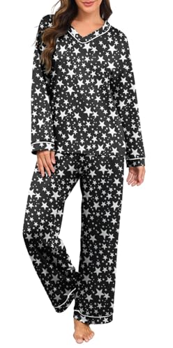 PrinStory Womens Pyjamas Long Sleeve Pyjamas Set V Neck Pajama Colour Clashing Nightwear Soft Top And Wide Leg Trousers Loungewear (White Star, M)