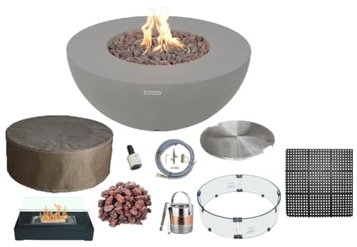 AMS Fireplace Modeno Roca Light Gray Natural Gas Fire Pit Table for Outside Patio Bundle with Wind Guard and SS Burner Lid | Free Rubber Mat, Ice Bucket and Counter-top Lantern -  Elementi